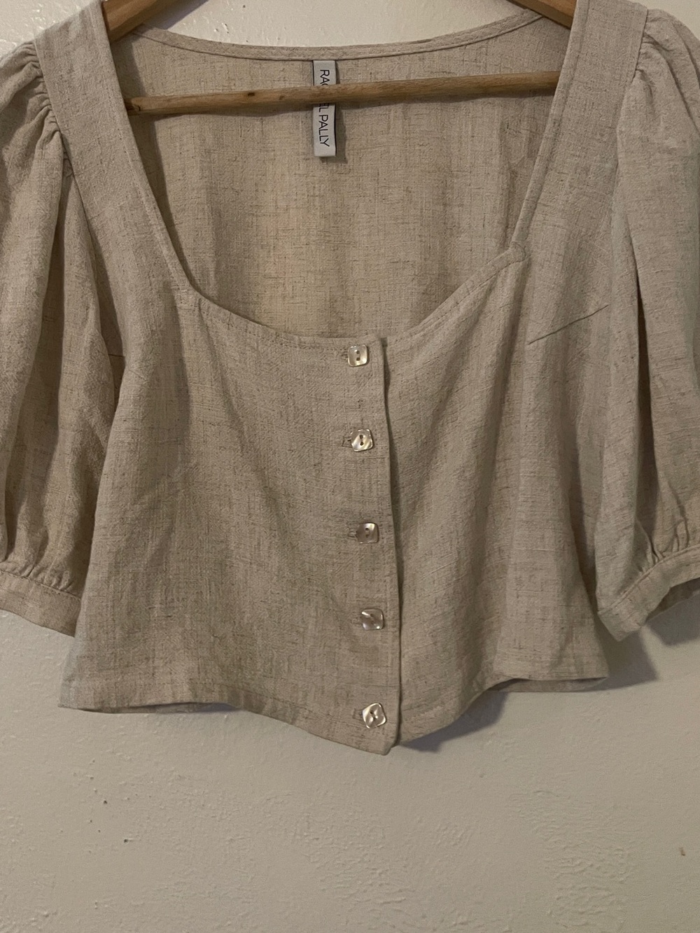 Rachel Pally Kimmie Oatmeal Square Neck Crop Puff Sleeve Rayon Linen Top M